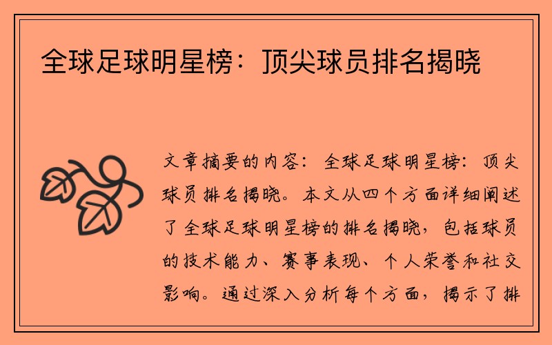 全球足球明星榜：顶尖球员排名揭晓