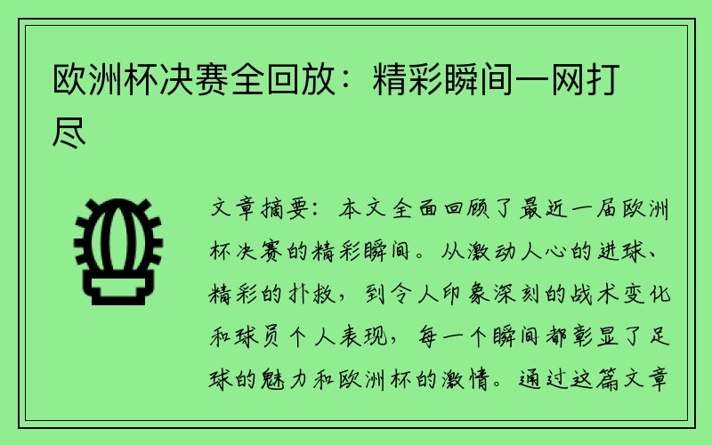 欧洲杯决赛全回放：精彩瞬间一网打尽