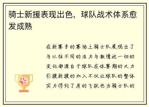 骑士新援表现出色，球队战术体系愈发成熟