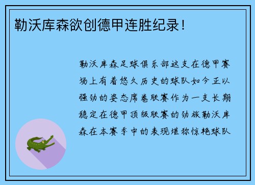 勒沃库森欲创德甲连胜纪录！