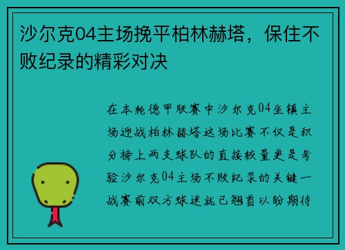 沙尔克04主场挽平柏林赫塔，保住不败纪录的精彩对决