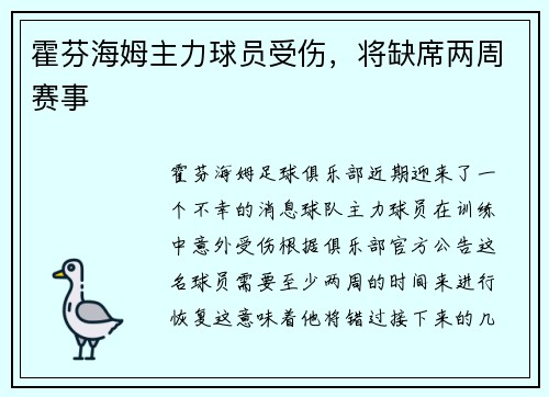 霍芬海姆主力球员受伤，将缺席两周赛事